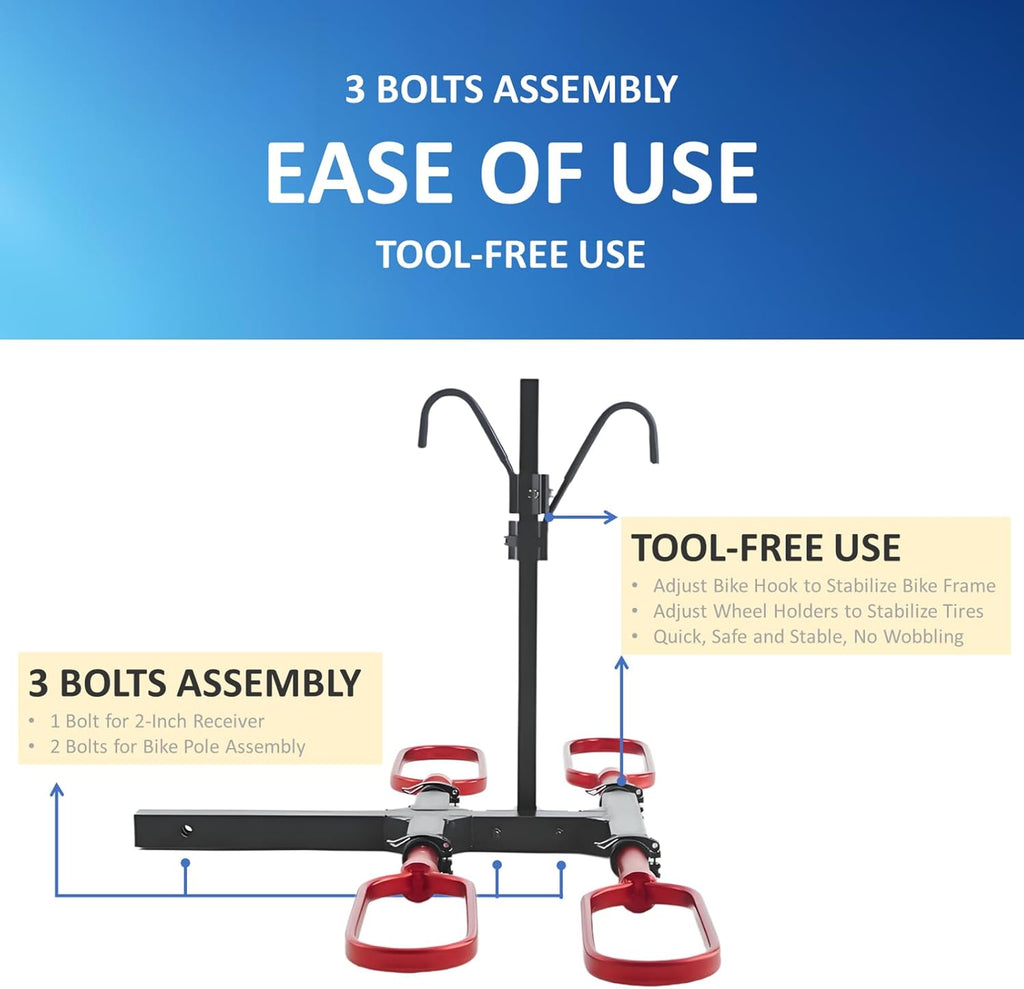 Trailer Hitch Bike Rack for Car 2 Bikes, E Bike Carrier Hitch Mount 2 Bike, Fat-Tire Ebike Rack for Tow Hitch, Fits 2" Inch Receiver for SUV Truck Rv Van (2 Bike - 200 Lbs Cap - Red)