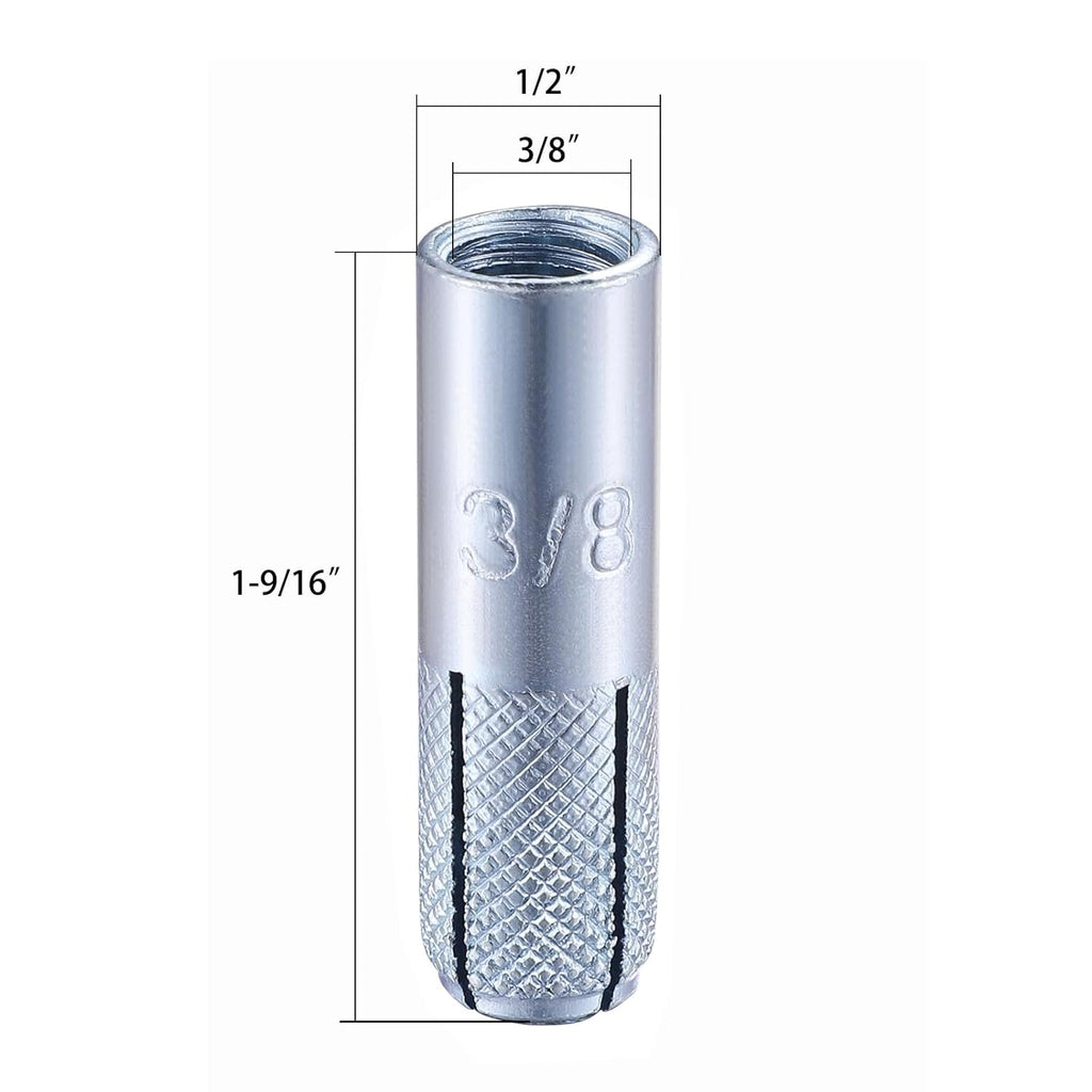 Wensilon(100 pcs) 3/8"-16 Premium Zinc Plated Carbon Steel Drop in Anchors Assortment, Knurled Drop-in-Anchor for Solid Concrete, Internal Forced Expansion Screw Bolts