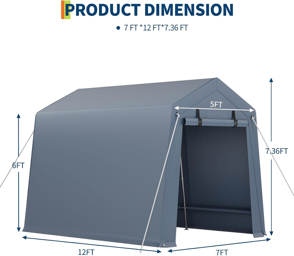 7*12F Outdoor Storage Shed with Floor, Heavy Duty Waterproof PE Tarp, Portable Metal Carport Garage Tent, 2 Roll-Up Doors & Vents, for Motorcycle and Bike Storage, Garden Tool Shed, Small Outdoor Shed