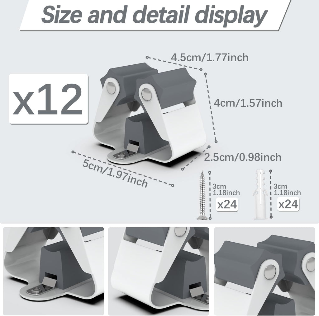 3-H Broom Holder Wall Mount 12 Pack, Mop and Broom Holder Wall Mount for Hanging and Organizing Shovel,Rake,Brush,Yard Tools in Laundry Room Garden Garage (grey)