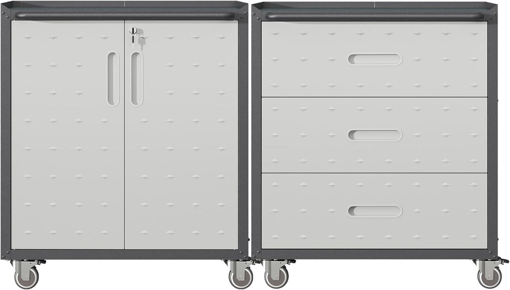 Metal Tool Cabinet,Garage Storage Cabinet System,Wall Cabinet & Locking Rolling Tool Cabinet with Doors and Adjustable Shelves,Steel Tool Cabinets for Home,Office (2 Pcs-StyleC, Black & Grey)