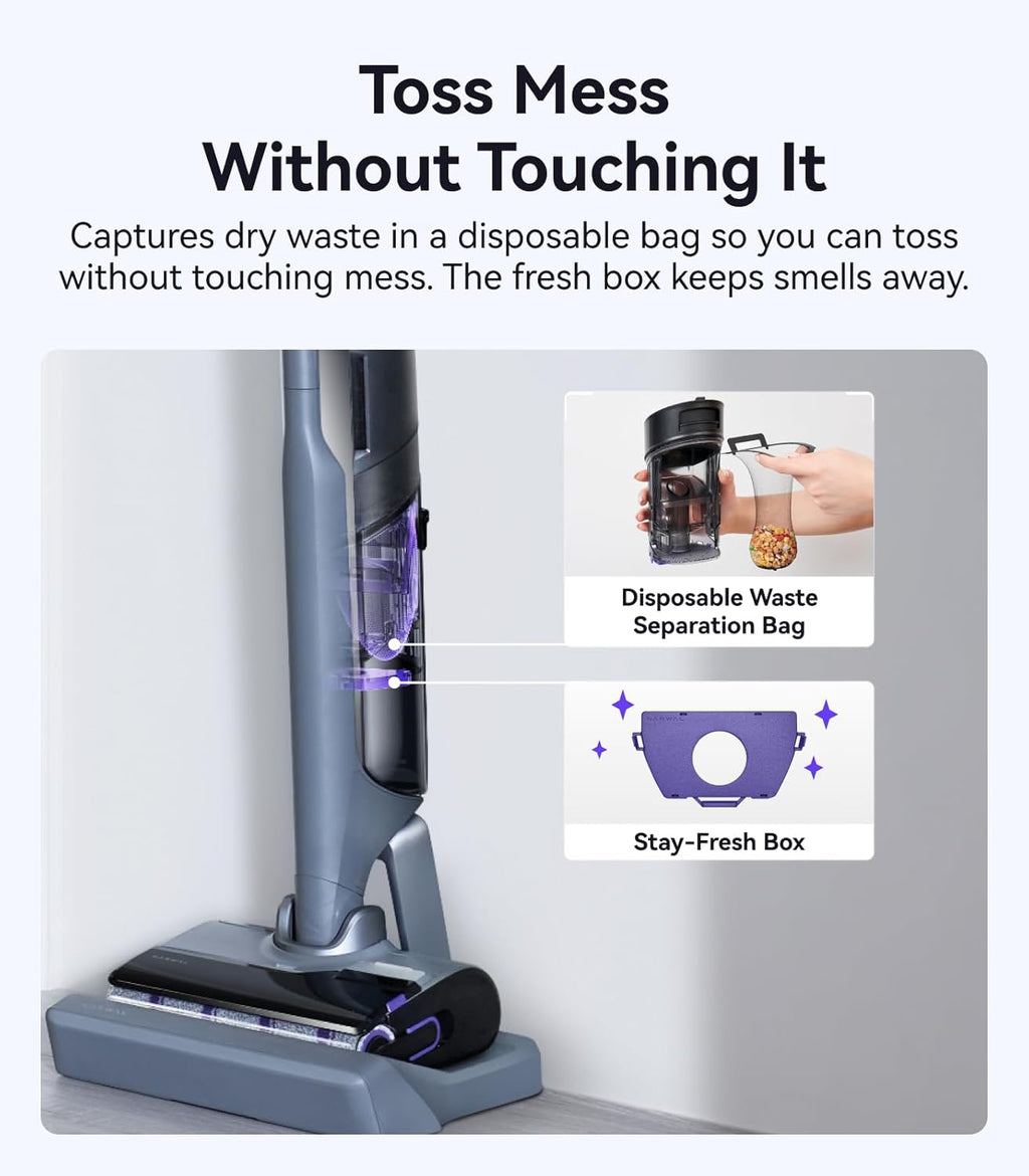 NARWAL S30 Pro Wet Dry Vacuum Cleaner with 20000Pa Suction, Cordless Vacuum Mop for Hard Floors, Tangle-Free Hair-Cutting, 180° Lie Flat, 194°F Self-Cleaning, Disposable Waste Bag, Edge Cleaning