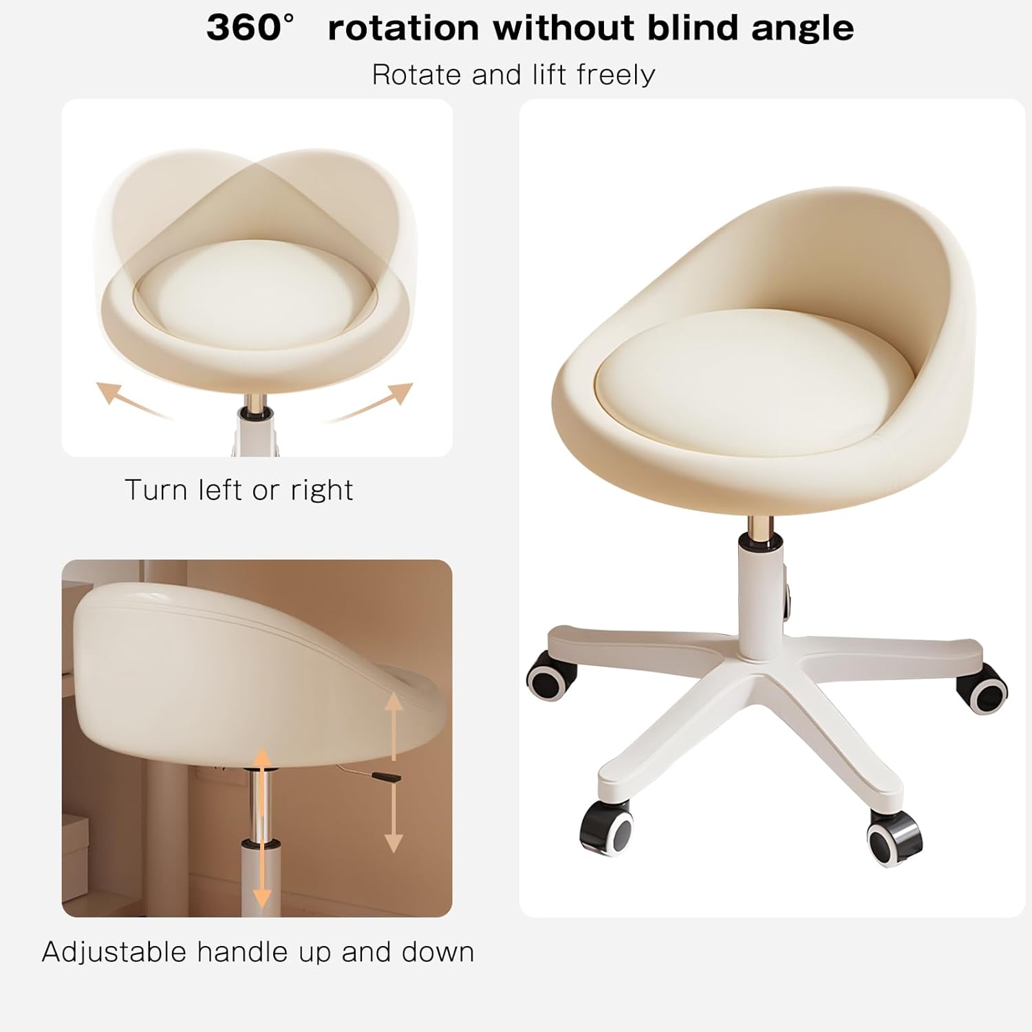 Rolling Stool Rolling Hydraulic Salon Stool with Low Backrest - Adjustable Swivel Chair for SPA, Shop, Salon, Massage, or Medical Office Beige-a