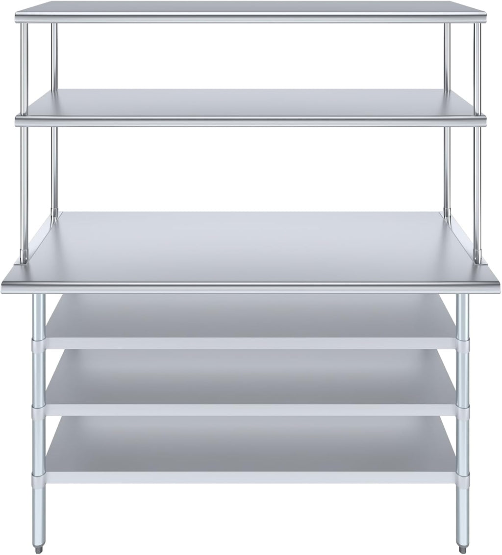 Amgood 24" x 60" Stainless Steel Work Table with 3 Shelves and 18" Wide Double Tier Overshelf | Metal Kitchen Prep Table & Shelving Combo | NSF
