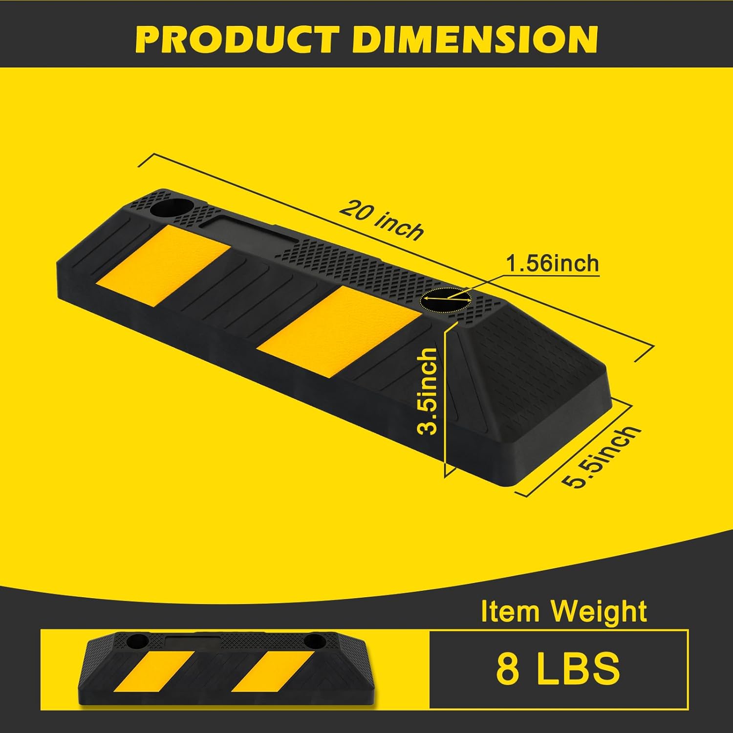 20" Rubber Parking Curb Stop, Car Stopper for Garage Parking, Heavy Duty Parking Wheel Stops for Car, Garage Bumpers with Reflective Yellow Tape for Parking Car (4 Pack)