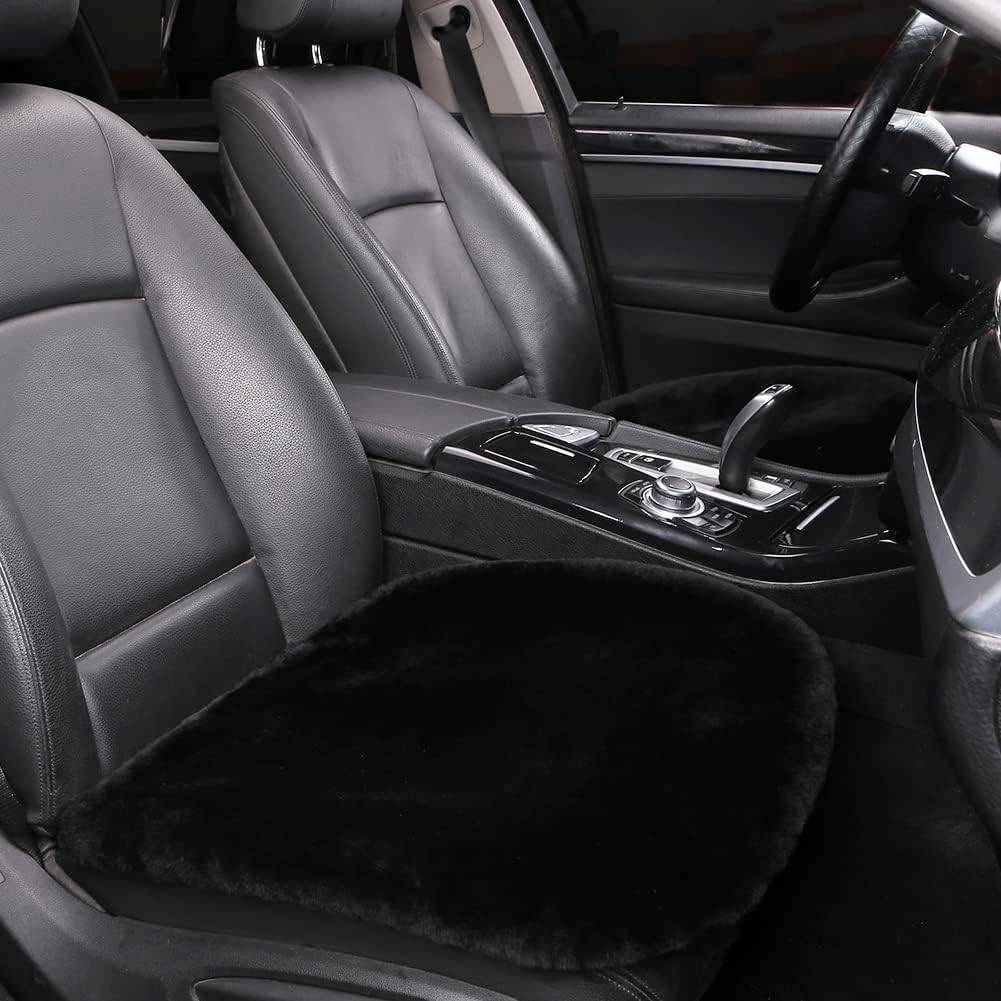 LLB Genuine Sheepskin Car Seat Cushion Seat Covers for Cars Trucks SUV Comfort Seat Protector Pad for Car Driver Seat Car Accessories for Women Office Chair Car Decor (Black Front Seat Cushions-2 Pcs)