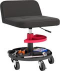 HOMCOM Rolling Mechanic Stool, 300 LBS Capacity Pneumatic Creeper Garage Stool with 360° Wheels, Backrest, Heavy Duty Roller Seat Padded Shop Chair with Tool Tray Storage, Adjustable Height, Black
