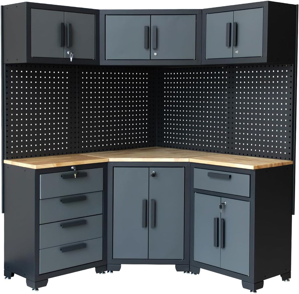 Garage Storage Cabinet System - 8-Piece Set with Corner Cabinet, Drawers, Workbench, Pegboard for Tool Organization - Black and Grey