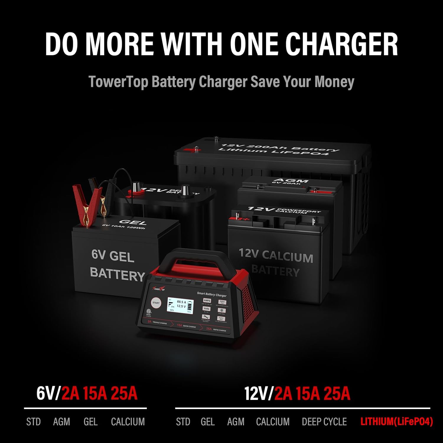 TowerTop 2/15/25 Amp Car Battery Charger, 6V/12V Fully Automatic Smart Battery Maintainer with Engine Start, Auto Desulfator, Battery Repair, Winter Mode, for All Lead-Acid and LiFePO4 Batteries