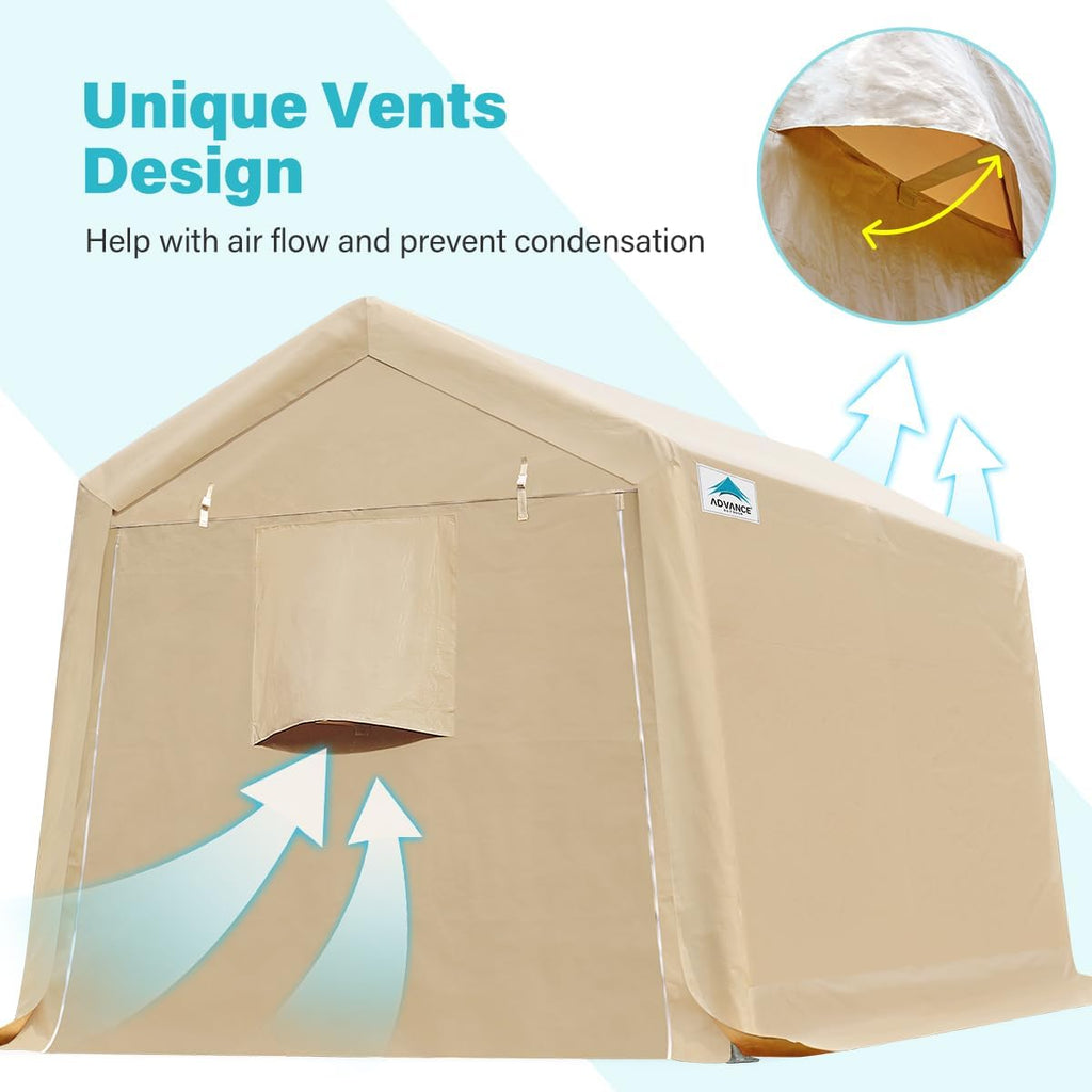 ADVANCE OUTDOOR 8x14 ft Steel Metal Peak Roof Portable Garage Shelter Storage Shed Carport for Motorcycle, Bike or Garden Tools with 2 Roll up Doors & Vents, Beige