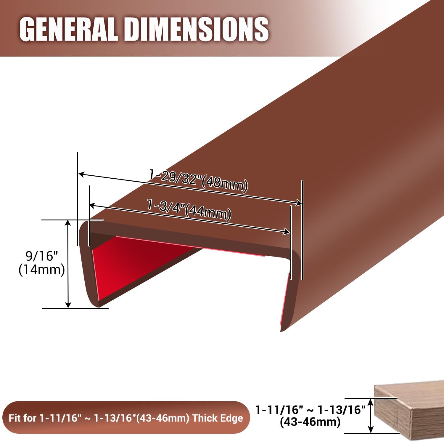 Rubber Edge Trim, Flexible Self-Adhesive U Shaped Peel and Stick Edge Banding, 1-3/4"(44.5mm) U Channel Protector, Edge Guards for Woods, Furniture, 20Ft, Brown Color