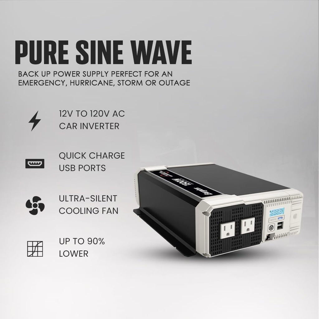 Energizer 1500 Watt 12V Pure Sine Inverter Dual AC Outlets & USB, Installation Kit Included, Automotive Power for Power Tools, Camping & Car Accessories - ETL Approved Under UL STD 458