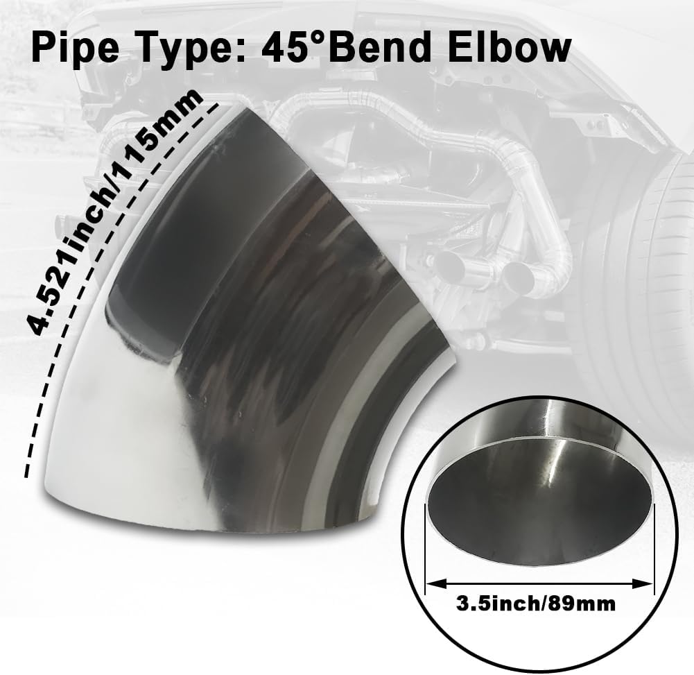 OD 3.5 inch 45 degree exhaust elbow Pipe (Mandrel Bend Elbow) SS304 Stainless Steel Bend Suitable for Car Modified Exhaust Elbow Pipe, Stair Handrail, etc (4 pcs)
