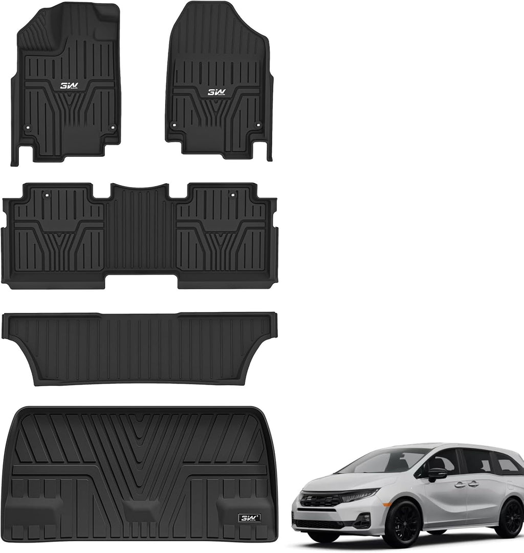 3W Floor Mats & Cargo Liner Fit for Honda Odyssey 2025-2018 Mini Passenger Van, All Weather TPE Floor Liners 1st 2nd & 3rd Rows Car Mats and Trunk Liner Odyssey Car Accessories, Black