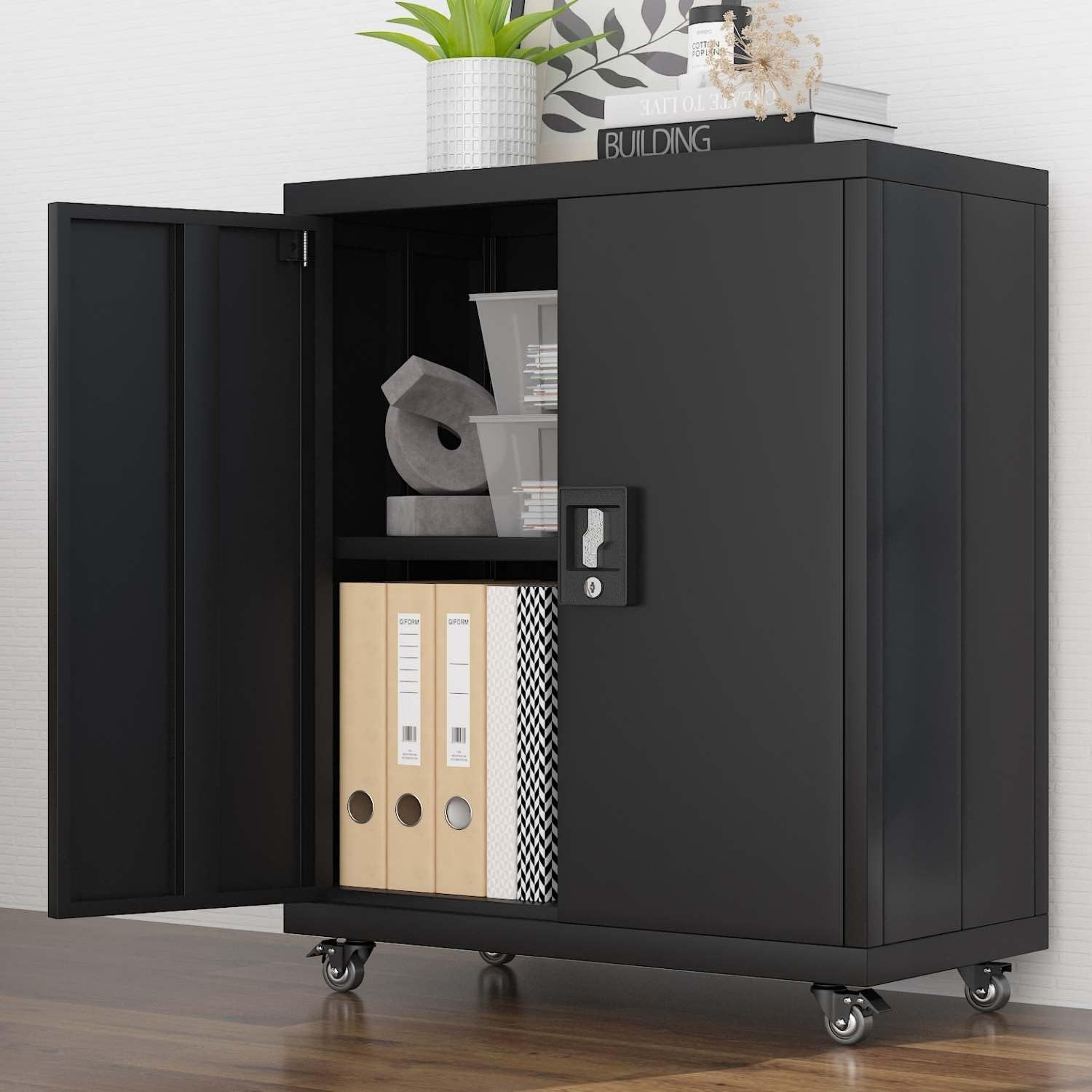 LUCYPAL Metal Storage Cabinet with Wheels,Steel Locking Storage Cabinet with Adjustable Shelves and 2 Doors,31.5" H Garage Cabinet for Home Office,Black