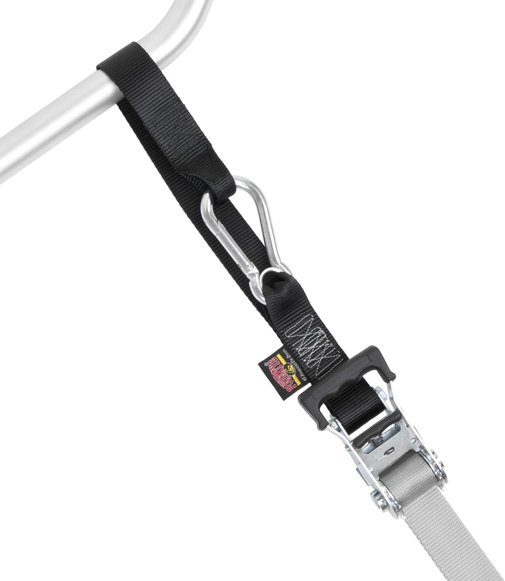 PowerTye - Made in USA - Heavy Duty Ratchet Tie Down Straps with Carabiner Hooks, Soft-Tye & Storage Bag, for Motorcycle, ATV, Trailer & Cargo, 1,000 lb WLL, 1.5 inch x 6.5ft Long, Silver/Black (pair)