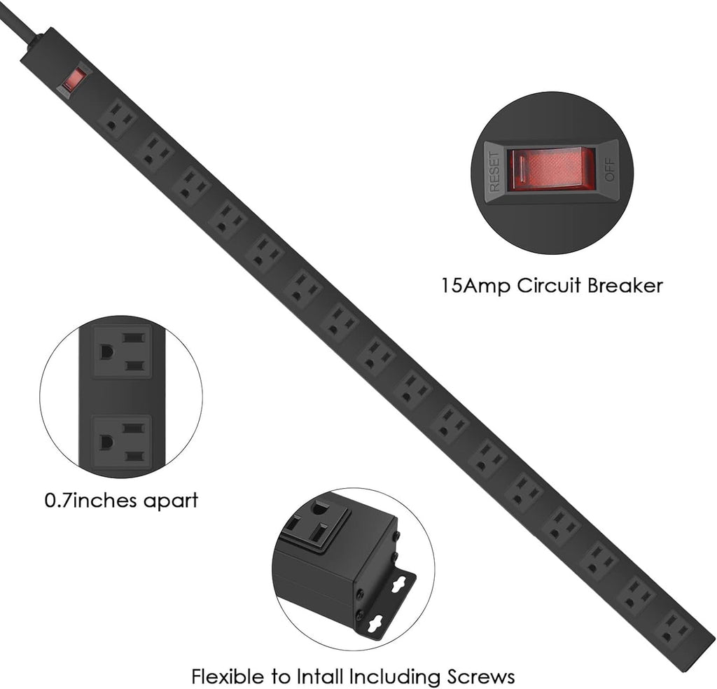 HHSOET 16-Outlet Metal Wall Mount Power Strip, 15 ft 14AWG Power Cord, 15A 125V 1875W, Black