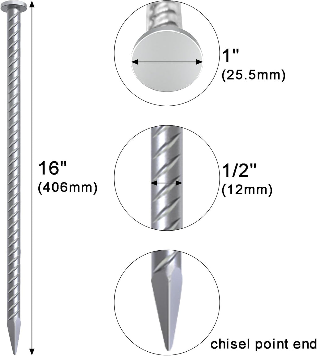 VVOKGO 16 Inch Rebar Stakes Metal Asphalt Anchoring Spikes Ground (12pcs), 1/2 Inch Diameter Galvanized Landscape Anchors Heavy Duty for Speed Bump, Handicap Threshold Ramps, Parking Limits Curb, Tarp