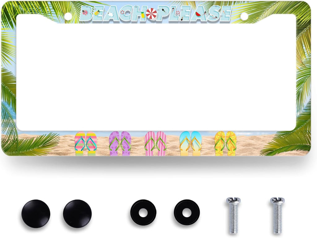 Beach Please License Plate Frame Hawaii Flip Flops License Plate Stainless Steel Auto Parts Funny License Plate Holder Men Women Decoration with Screw License Plate Holder 12"x6"
