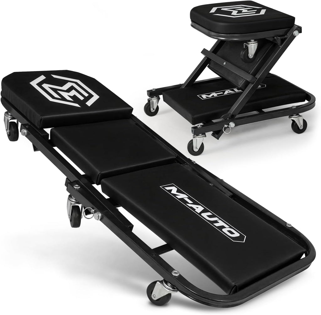 M-AUTO Foldable Z Creeper 2-in-1 Rolling Folding Car Creeper & Seat, 36" Adjustable Roller Garage Chair Lay Down or Sit, 330LBS Capacity Under Car Roller Creeper with 6 Swivel Casters, Black