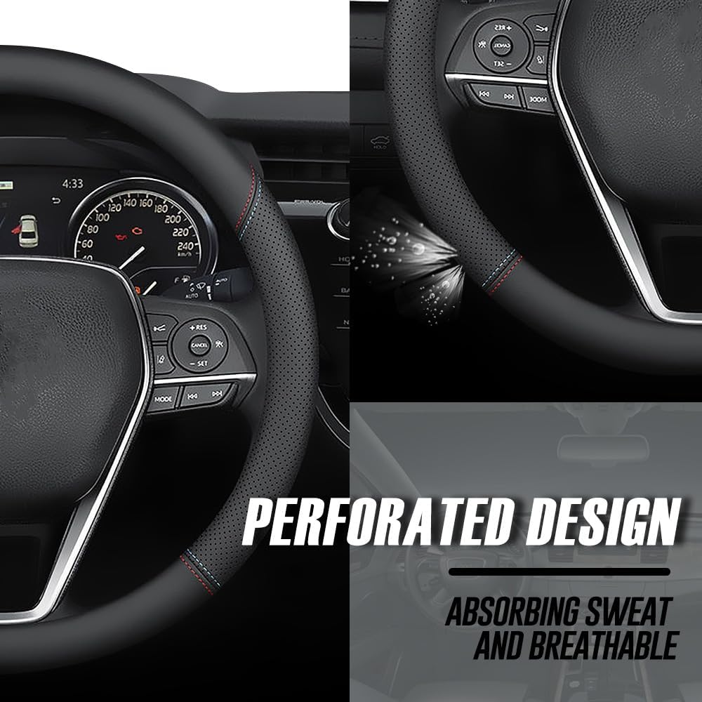 LKWLIKEI Nappa Premium Leather car Steering Wheel Cover, Non-Slip, Breathable, Universal 15 inches (red Blue line)