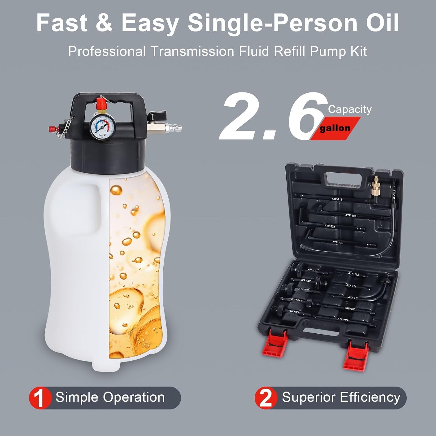 Transmission Fluid Pump Pneumatic Extractor and Dispenser Tool Kit, 8L ATF Fill and Evacuator Oil Can Set with 15PCS ATF Adapters 3PCS 1M Transmission Oil Hose for Garage and Shop Fluid Transfer