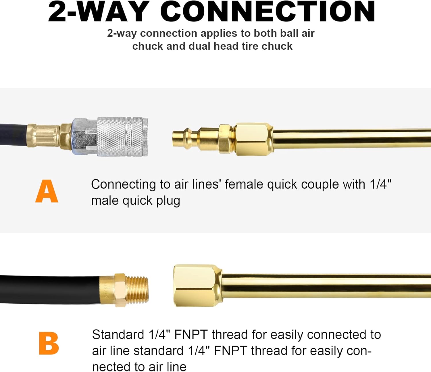 2-Way Connection 13.8" Extended Air Chuck Set, 1/4 in FNPT Straight Foot Dual Head Tire Inflate Chuck with Standard Brass Quick Plug, Tire Air Compressor Fill Kit for Truck RV Dually Tires