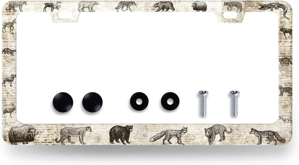 Animals License Plate Frame Bear Deer Horse Tiger License Plate Holder Stainless Steel Funny Design with 2 Holes and Screws 12.3" x 6.3"