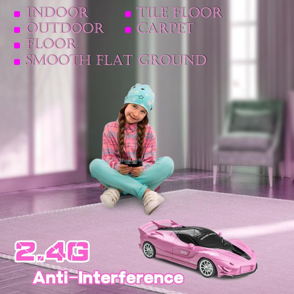 Remote Control Car, Pink RC Cars for Girls, Rechargeable RC Racing, 2.4Ghz Electric Power On Road High Speed Drift Model Vehicle Toy with Led Headlight, Birthday for Kids Age 3+
