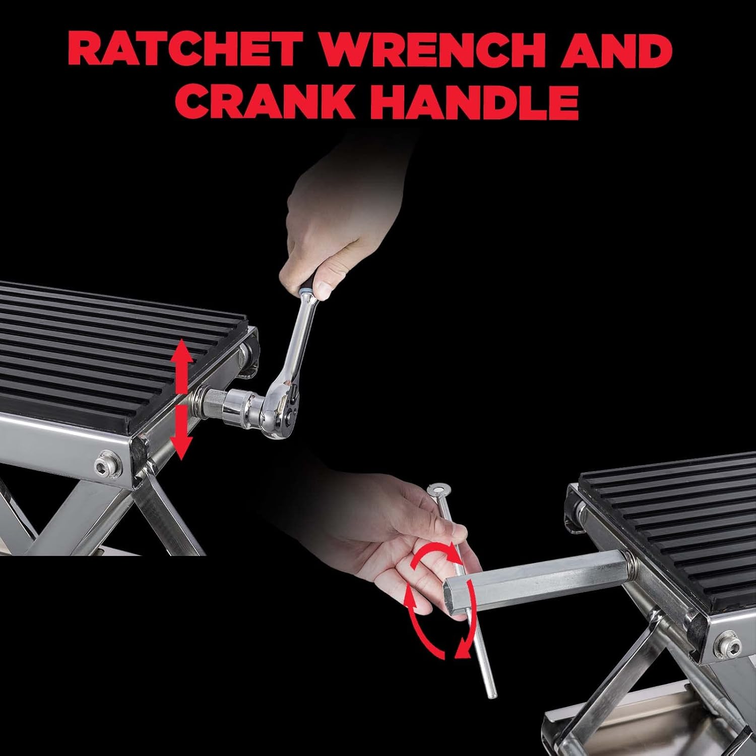 CXRCY 1200 LBS Motorcycle Lift Scissor Jack Stainless Steel Finish Upgraded Dirt Bike ATV Steel Motorcycle Hoist Stand with Ratchet Wrench,Crank Handle,Thickened Rubber Pad,Wide Deck