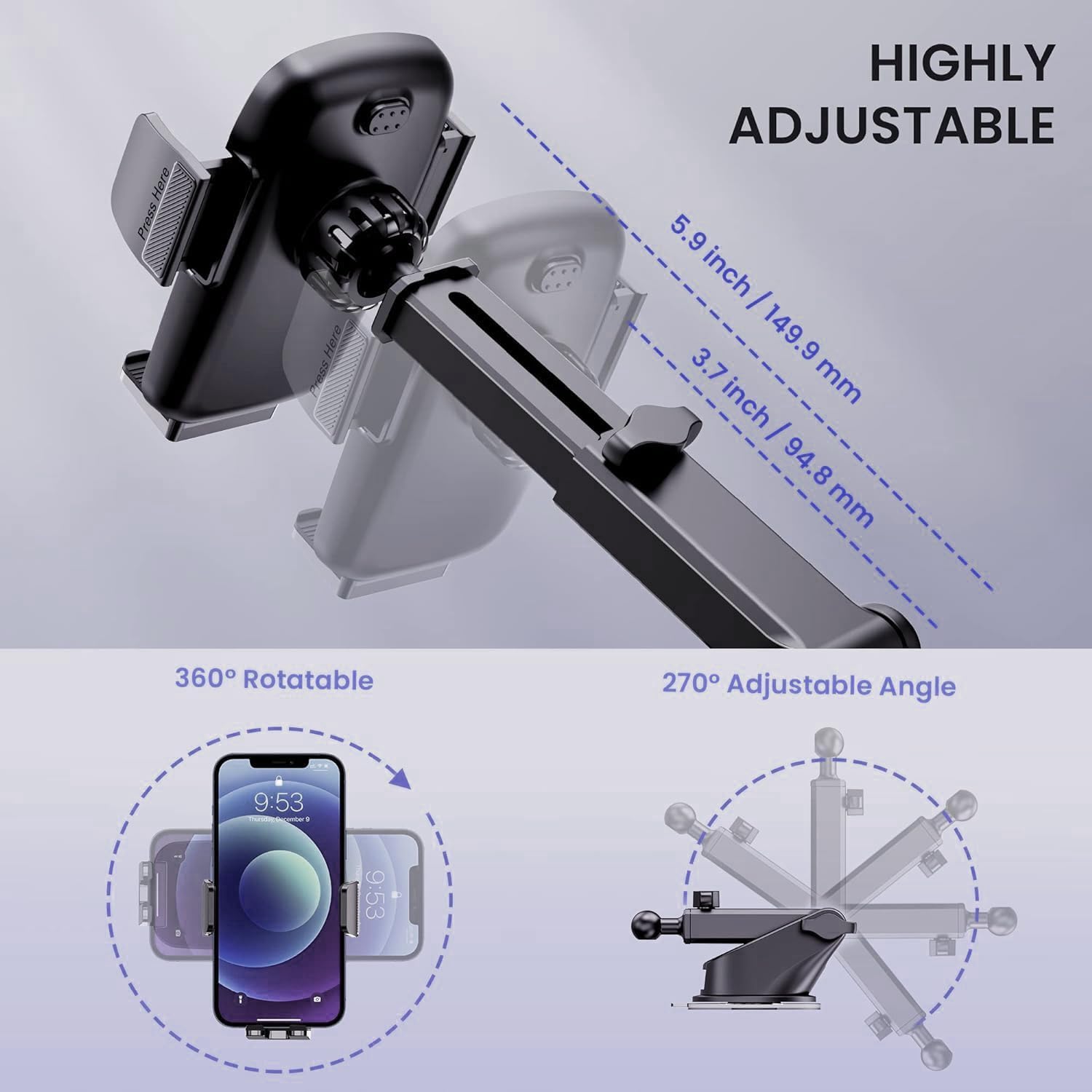 Qifutan Universal Car Phone Holder Automobile Cell Phone Holder Car Mount for iPhone Universal Car Dashboard Mount Fit All Phones
