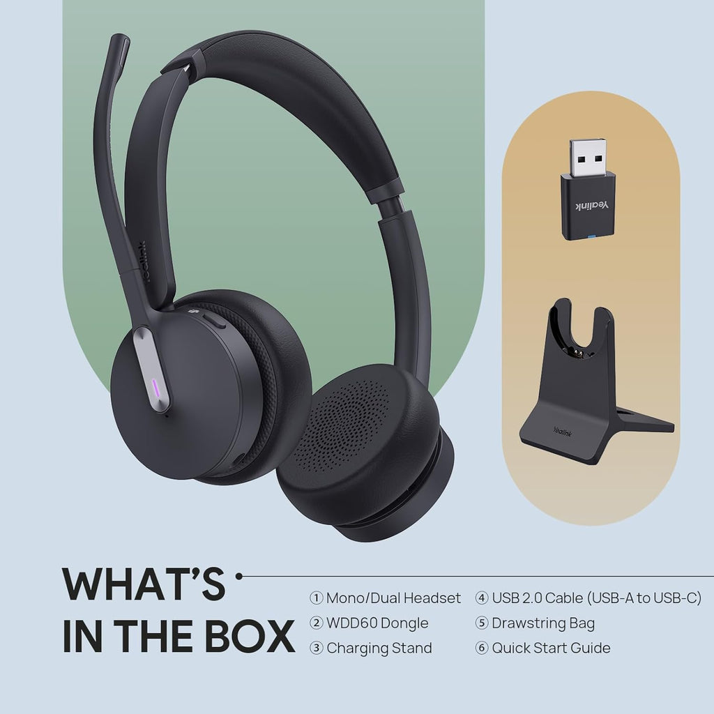 Yealink WH64 Hybrid DECT& Bluetooth Wireless Headset,492ft Range Dual Teams UC Zoom Headphones with DECT Dongle&Charging Stand, 3X Noise Cancelling Mic, 32H Talk Time,Headsets for PC,Phone,Laptop