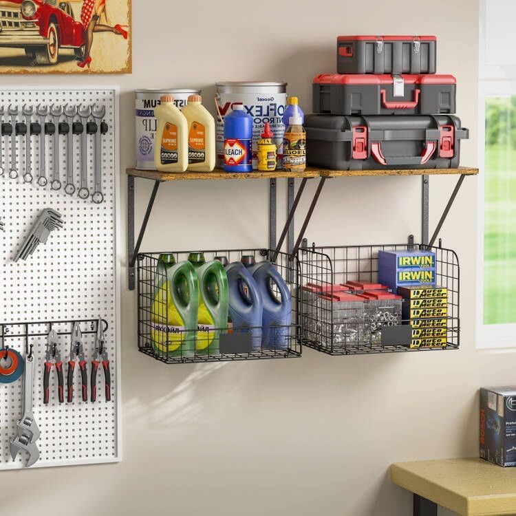 2 Pack Garage Shelves Wall Mounted with Wire Storage baskets, Heavy Duty Garage Wall Shelving with Hooks, Wooden floating shelves Tool Organizer for Home Garden Garage Organizers and Storage