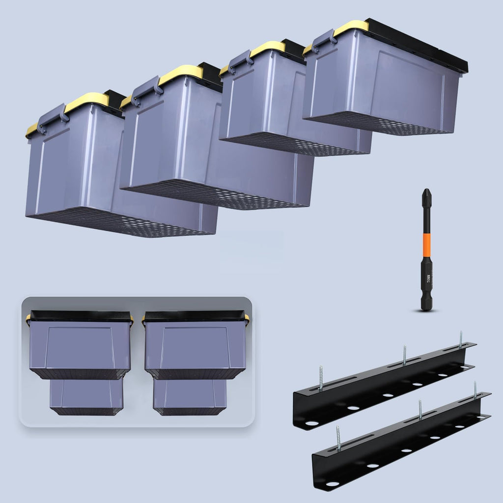 TOPOWN Overhead Garage Ceiling Bin Storage Rack, Heavy Duty Tote Slide Garage Storage System Overhead Tote Storage Rail System (for 4 Bins)