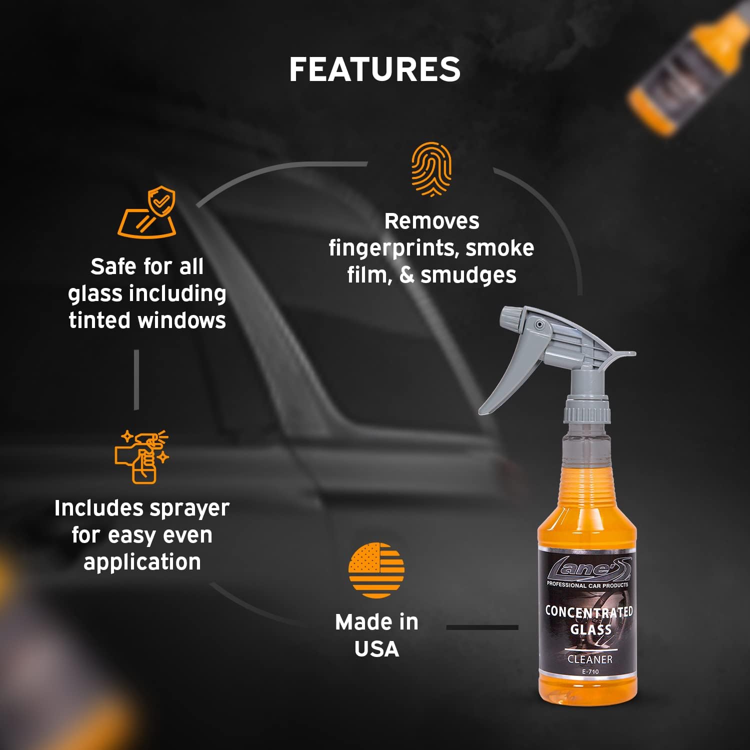 LANE'S Concentrated Auto Glass Cleaner- Window Cleaner, Windshield Cleaner- Removes Smoke Film, Fingerprints, and Smudges, Safe for All Glasses- 32 oz