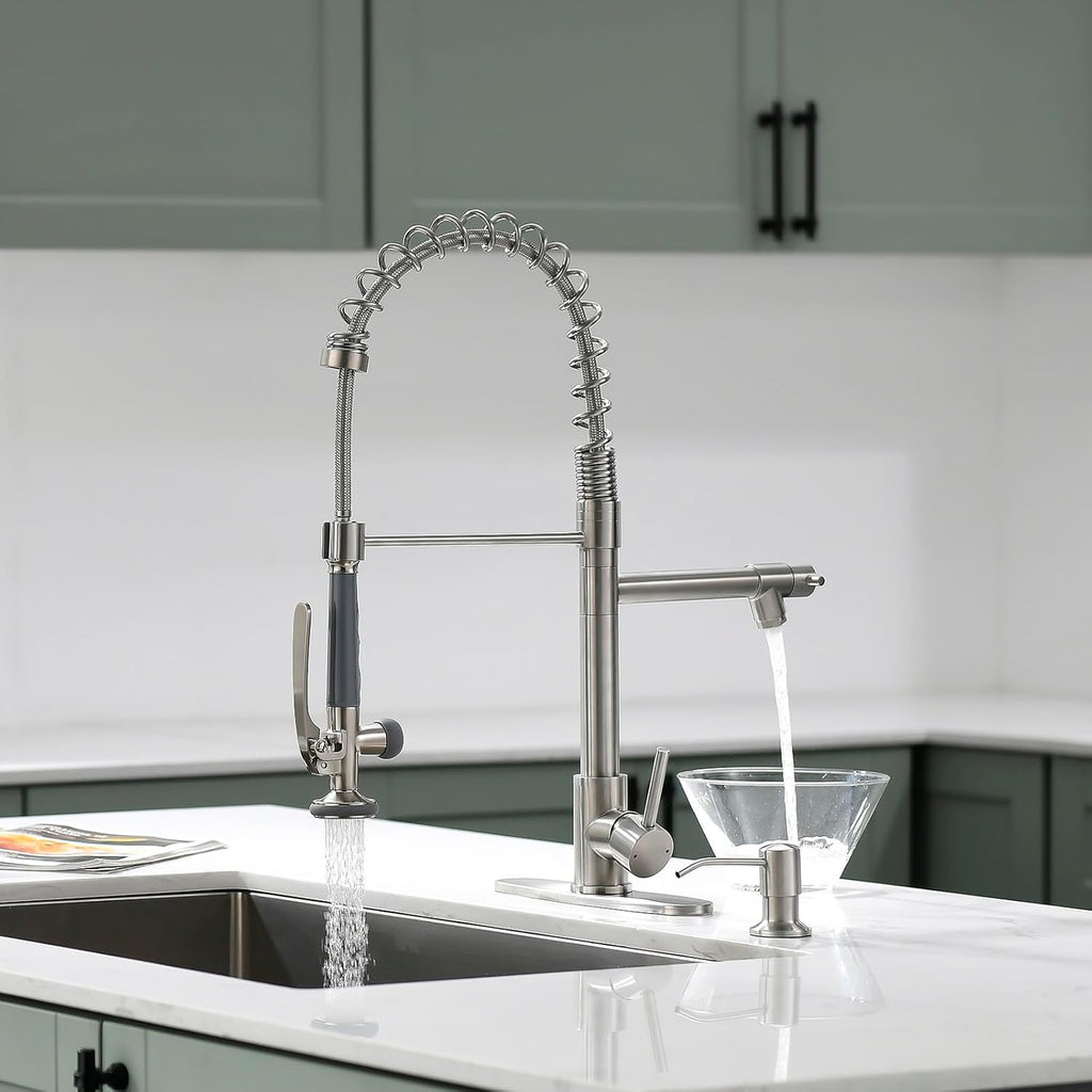 Fapully Commercial Pull Down Kitchen Sink Faucet with Sprayer Brushed Nickel Single Handle Faucets for Kitchen Sink, Kitchen Faucet with Soap Dispenser and Deck Plack for 4 Hole