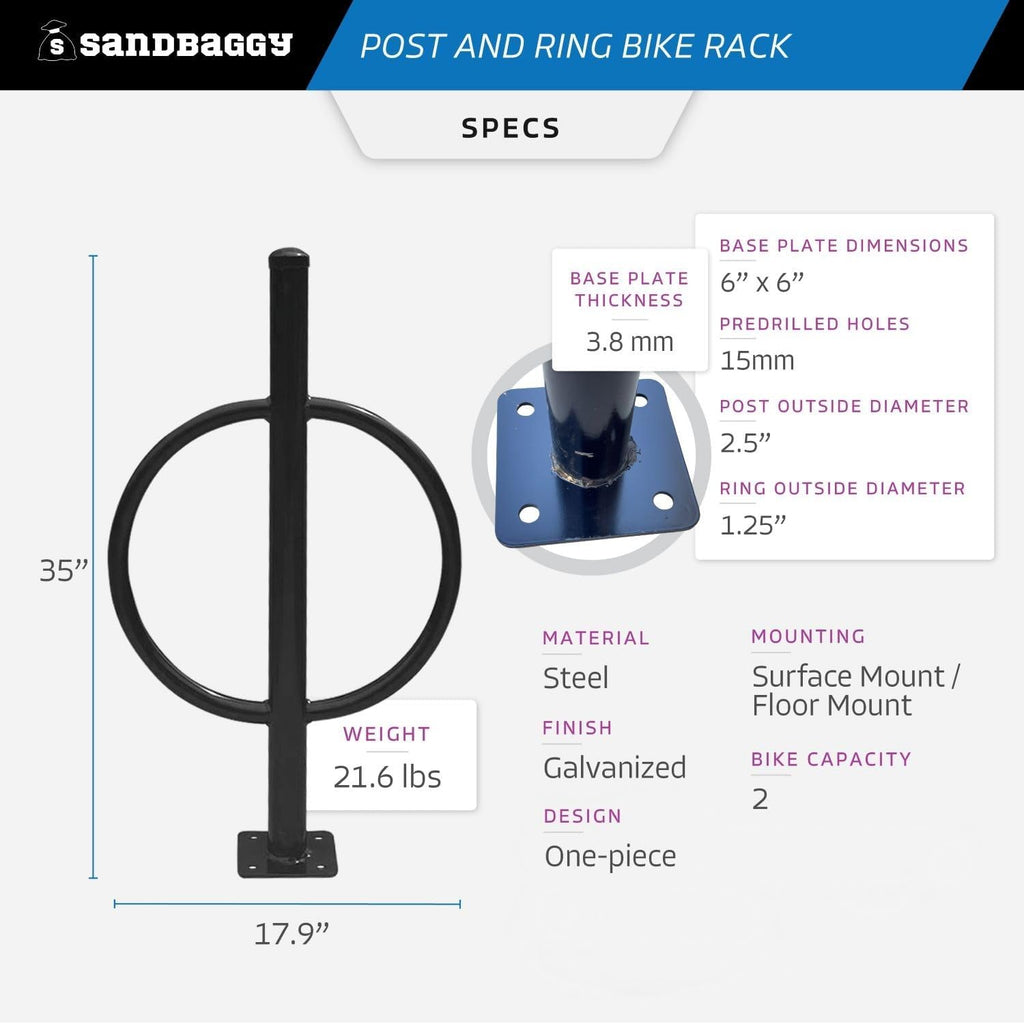 Sandbaggy Post and Ring Bike Rack - Commercial Bike Racks - Galvanized Steel - Anti-Theft Design - In Ground, Apartments, Sidewalks, Industrial (Blue, 1)