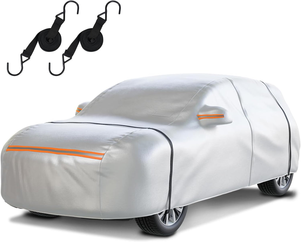 Waterproof SUV Car Cover: 6-Layer Protection from Rain, Snow, UV & Dust - Universal Fit up to 201 inches with Zipper Door & Windproof Straps for Outdoor, Garage, Travel Use, Silver