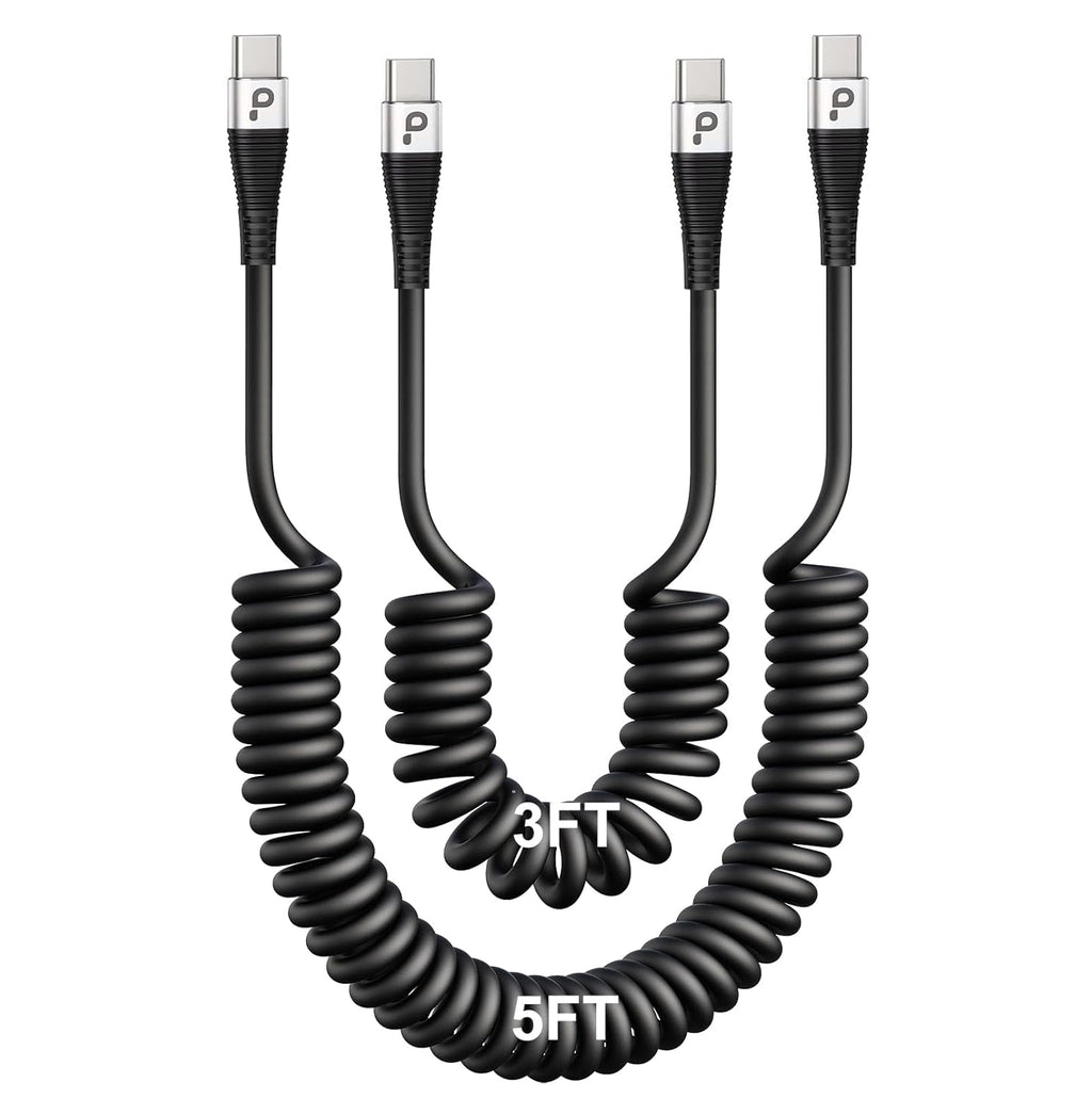 Coiled USBC to USBC Cables for Car 3FT/5FT, USB C to USB C Fast Charging Cables Short Type C Cord for iPhone 16/15/Pro/Plus/Pro Max/Samsung Galaxy S23, Compatible All Type C Devices-Silver 2Pack