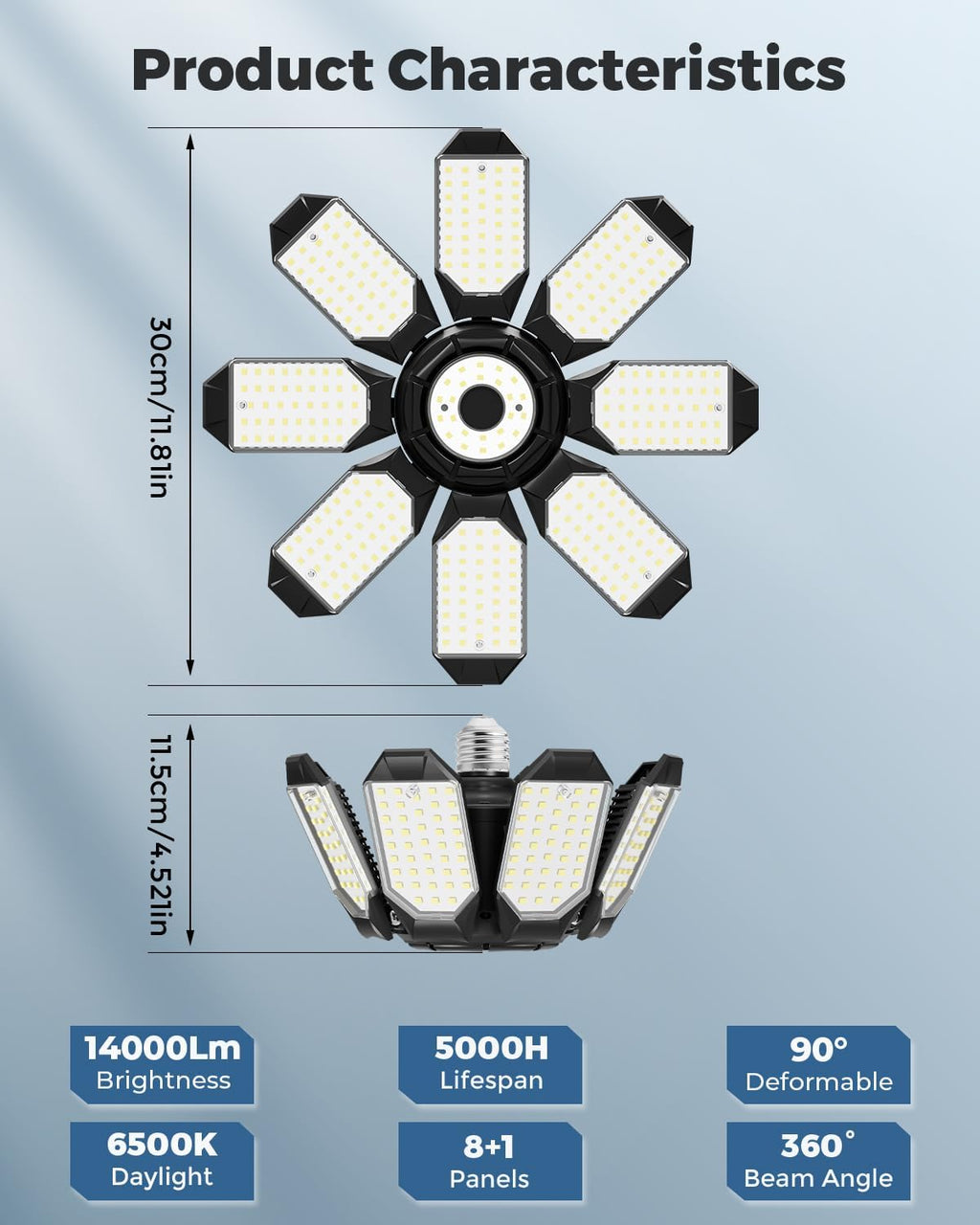 Adiding LED Garage Ceiling Lights 2 Pack w/ 8+1 Adjustable Panel, Super Bright 28000LM Deformable Basement Light Bulb Fixture Screw in E26 Socket Base for Indoor Workshop Attic Gym Bay Laundry Utility