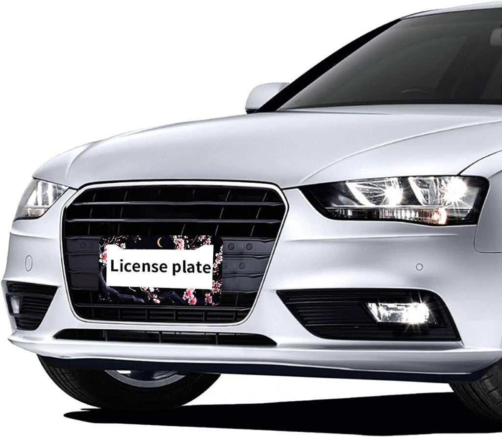 Flowers Plum Blossom Moon License Plate Frames - 2 Pcs Set 2 Holes Metal Aluminum Auto Car Accessories Decoration License Plate Frame 12.2 x 6.3 inch for Women Men Gift