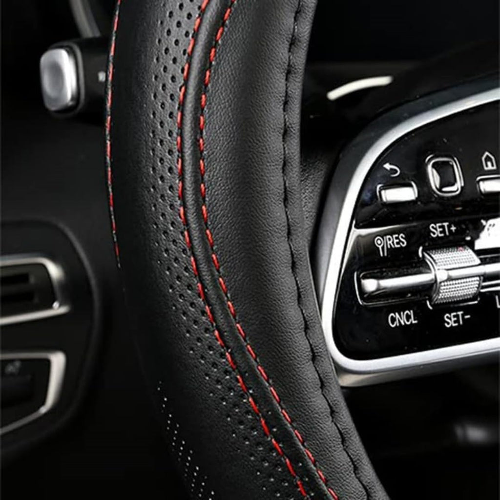 Cowhide Steering Wheel Cover Heat Resistant Anti-Slip Car Wheel Wrap Compatible with Most Makes and Models of Cars and Trucks with 14.5 to 15 Inch Steering Wheel(Black)