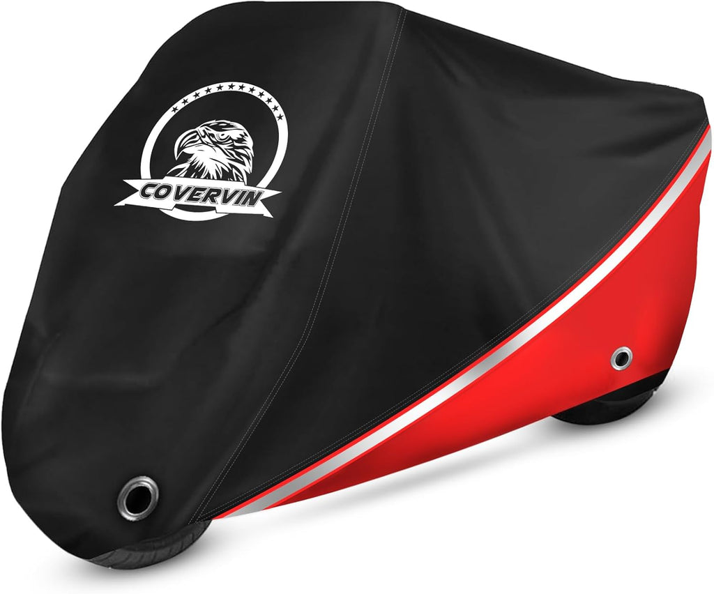 COVERVIN Motorcycle Cover, All Weather Outdoor Waterproof Night Protection with Reflective Strips, Locking Holes and Storage Bag for 96 Inch Suzuki, Kawasaki, Honda, Harley-Davidson(Red XL)