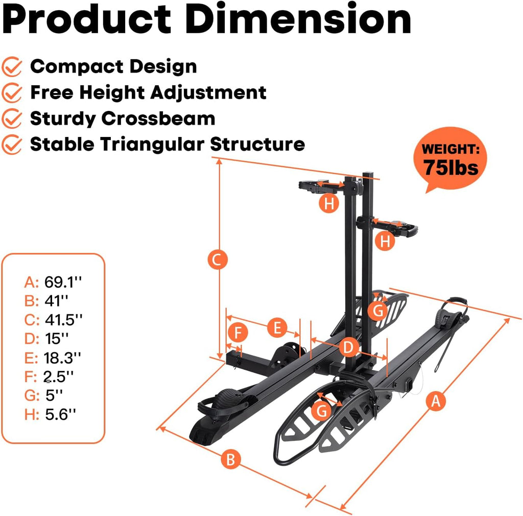 EBike Rack with Ramp, 200 lbs Capacity Heavy Bike Rack Electric Bike Carrier for 2 E-Bike, Foldable Bike Racks for Tow Hitch Up to 5-inch Fat Tire 2'' Receiver