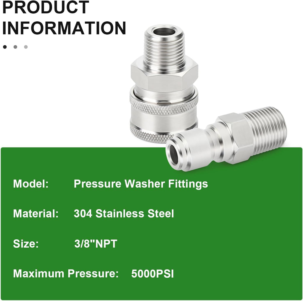 TAISHER 4PCS 304 Stainless Steel Pressure Washer Adapter Kit, Quick Connect Fittings，3/8" Male