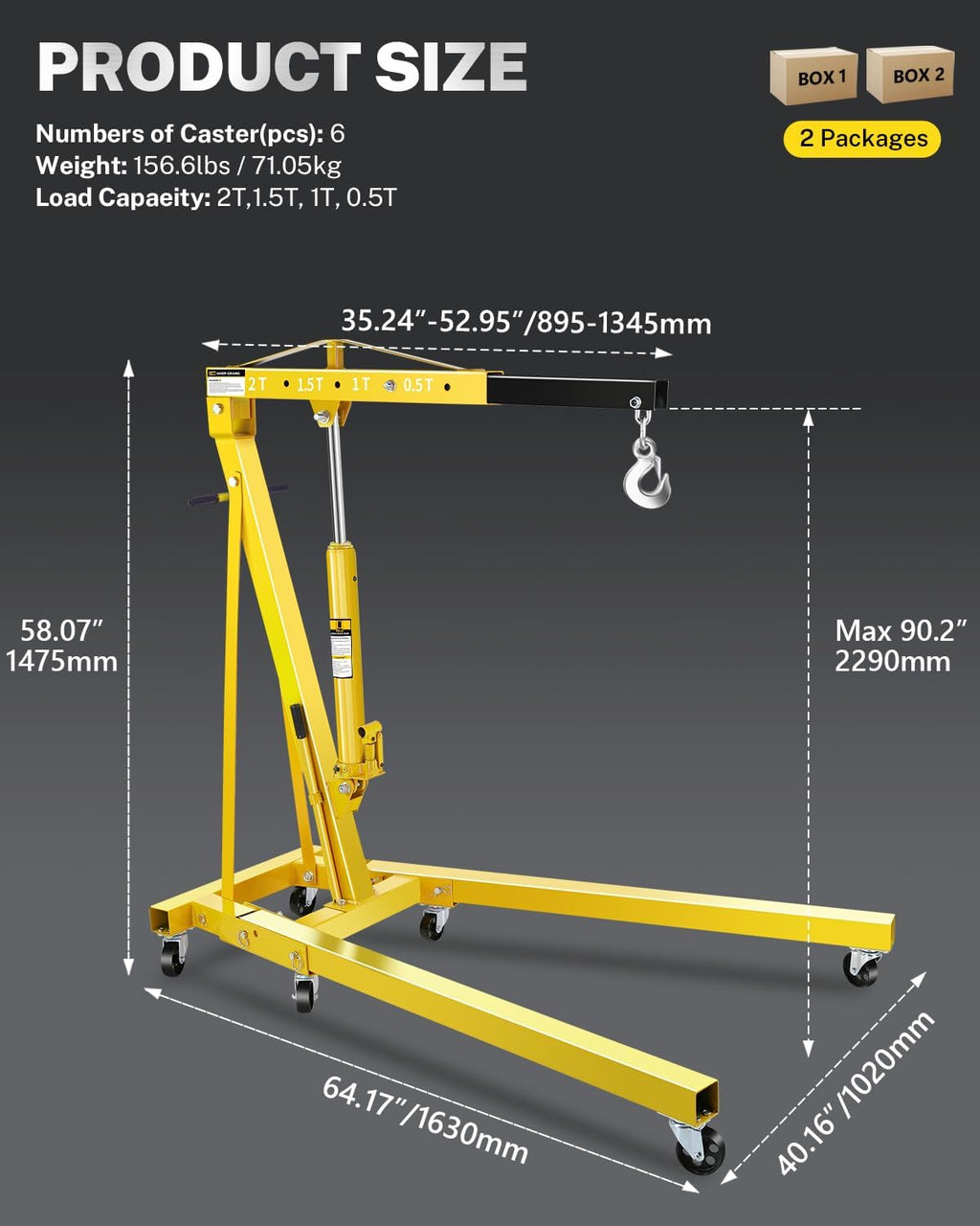2-Ton Folding Engine Hoist, Hydraulic Shop Crane with 6 Swivel Wheels & Adjustable Boom (0.5T-2T), Heavy-Duty Cherry Picker for Garage, Workshop, Truck, Farm (Net Wt. 157 lbs)