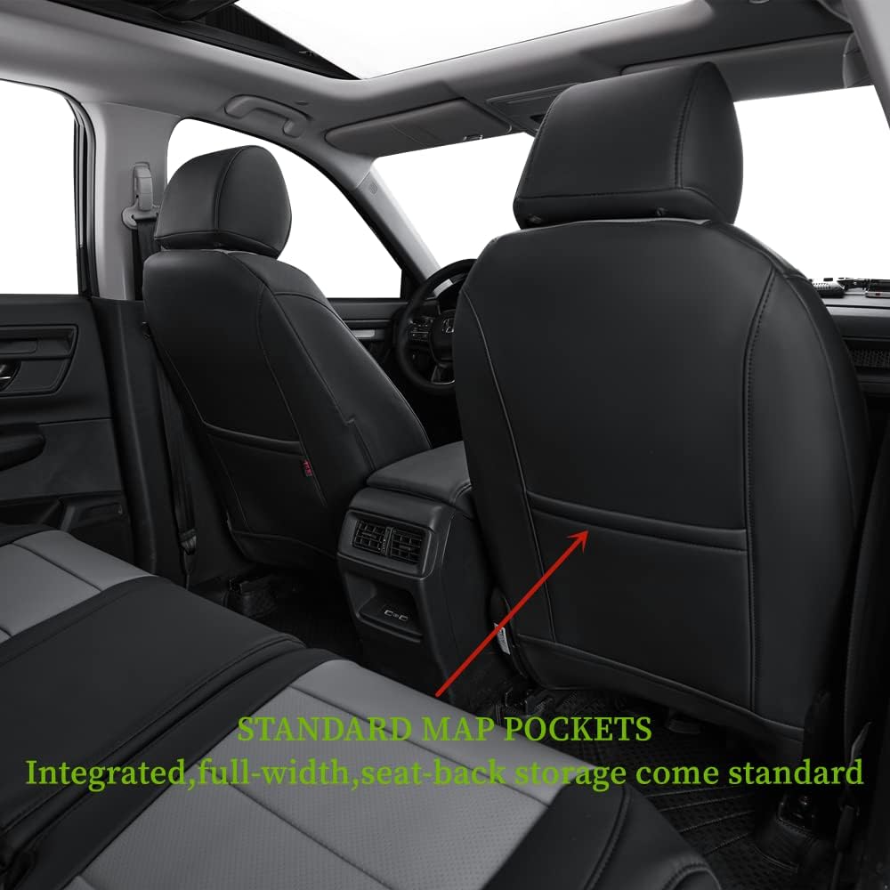 Coverdream CRV Leather Seat Covers Custom Fit for 2023-2025 2026 Honda CR-V LX,EX,EX-L,Sport Series,Hybrid,Trailsport,Fully Covered,Airbag Compatible Waterproof Car Seat Protector(Full Set,Black/Gray)