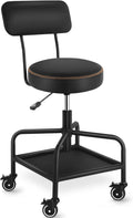 Shop Stool with Lockable Rubber Wheels Adjustable Backrest Tool Tray Storage 400 lb Capacity Rolling Garage Stool (Black)