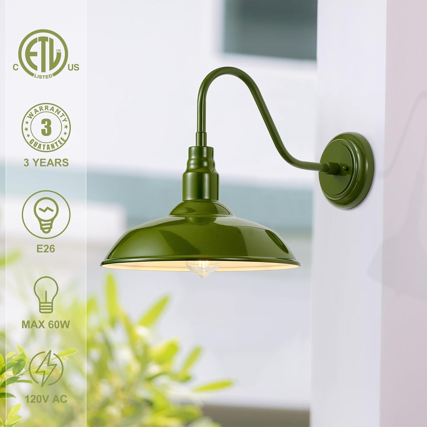 14in Outdoor Gooseneck Lights for Farmhouse, Barn Style Goose Neck Wall Light Fxiture with Wall Mount, Olive Green Exterior Porch Sconce for Patio, Garage, House