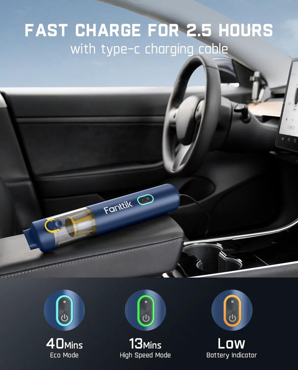 Fanttik Slim V8 APEX Car Vacuum, 4-in-1 Portable Mini Cordless Vacuum with 19000pa Suction Power, Type-C Charge, 2 Suction Modes, Handheld Vacuum for Car, Office Desk, Keyboards (Blue)